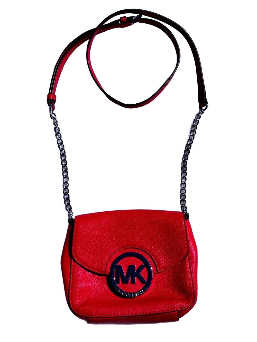 Michael Kors Fulton Crossbody Bag Red Pebbled Leather MK Logo Chain Shoulder bag